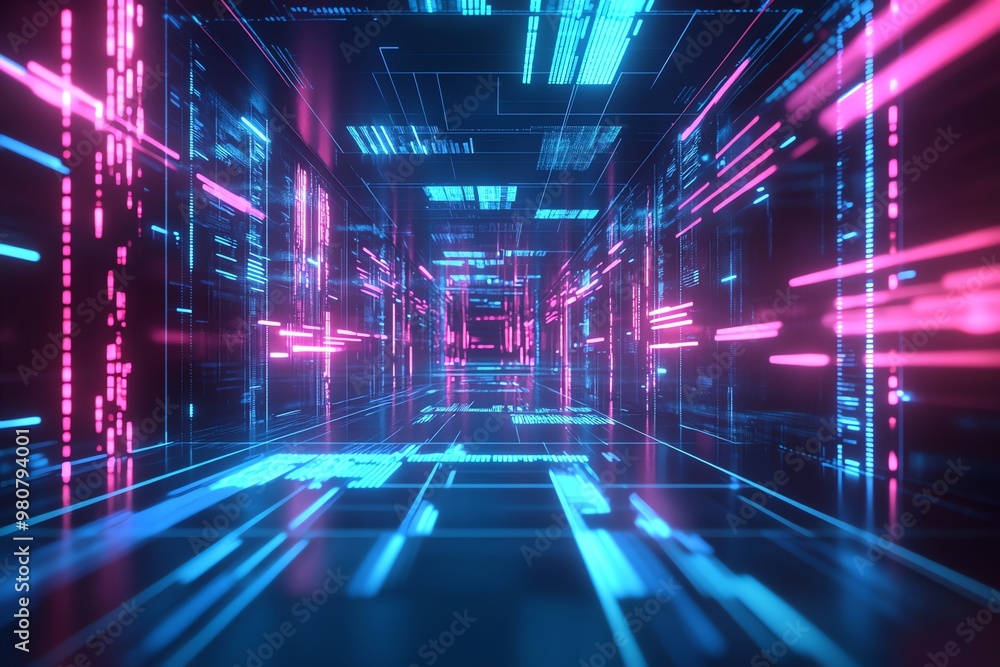 A Digital Tunnel with Neon Blue and Pink Lights A Digital Tunnel with Neon Blue and Pink Lights