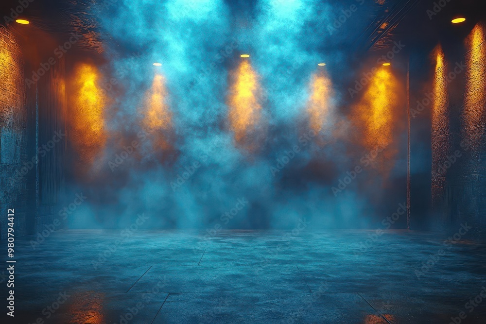 Fototapeta premium atmospheric nightclub stage vibrant blue and yellow lights piercing through hazy air empty anticipation