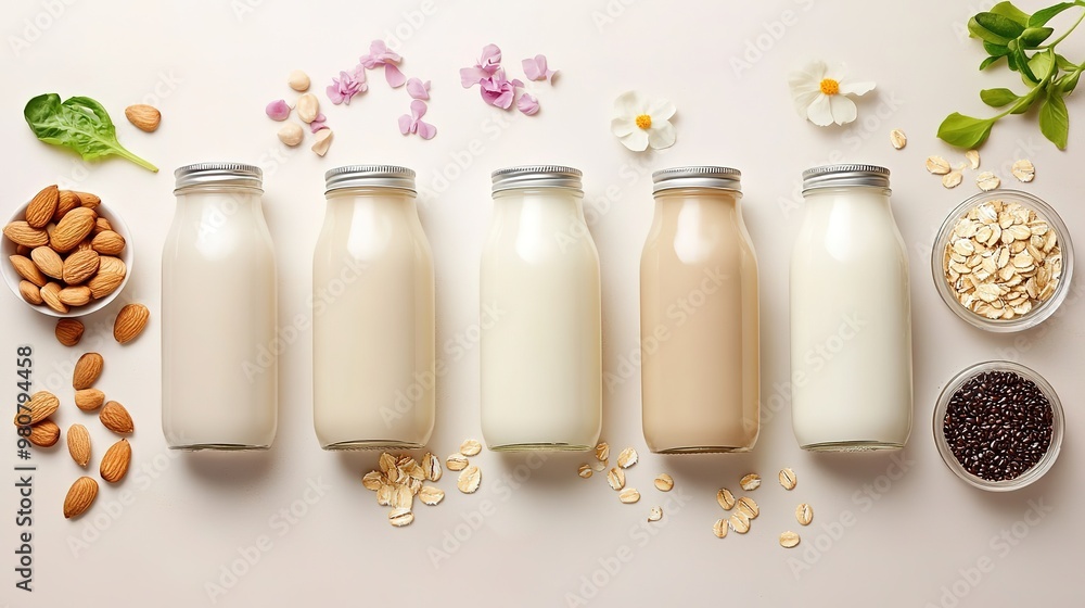 Assorted plant-based milk bottles with ingredients. Assorted plant-based milk bottles with ingredients.