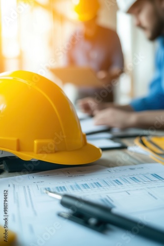 A close-up of a yellow construction helmet on a work desk with plans, highlighting teamwork in a construction environment.