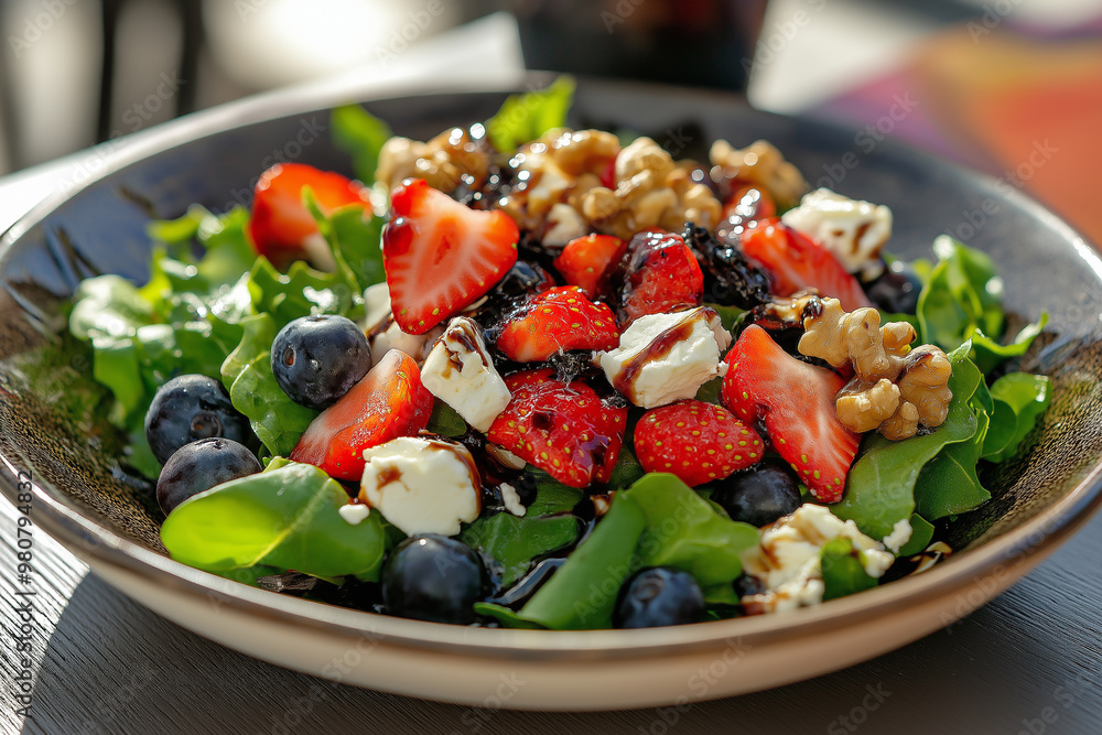 A fresh salad featuring mixed greens, strawberries, blueberries, walnuts, and feta cheese served on a rustic plate,. Image for Menu design of bars, cafes, restaurants A fresh salad featuring mixed greens, strawberries, blueberries, walnuts, and feta cheese served on a rustic plate,. Image for Menu design of bars, cafes, restaurants