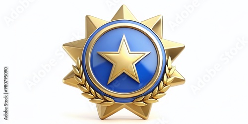 A shiny, gold, star-shaped badge with a blue circle and white 