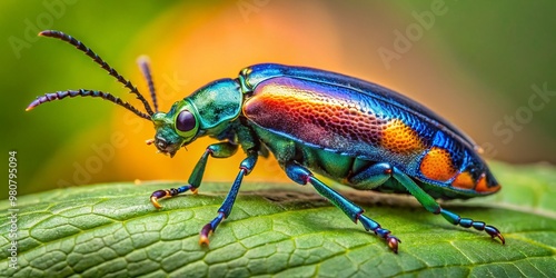 A shiny, iridescent, metallic blue blister beetle with orange spots and a distinctive elongated body perches on a photo