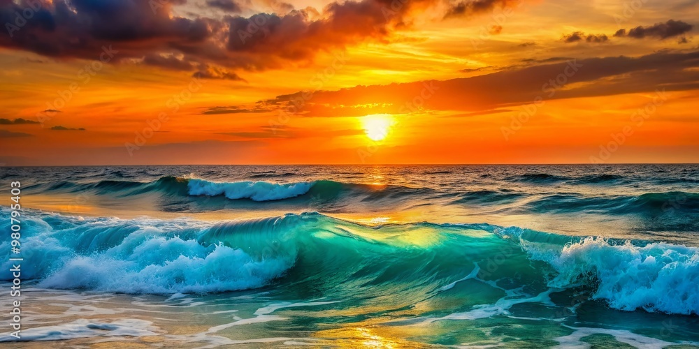 Fototapeta premium Vibrant orange hues Dance Across Canvas as Waves Cradle the Shore, Golden Light Fades to Turquoise in a Peaceful Oceanic Sunset Symphony.
