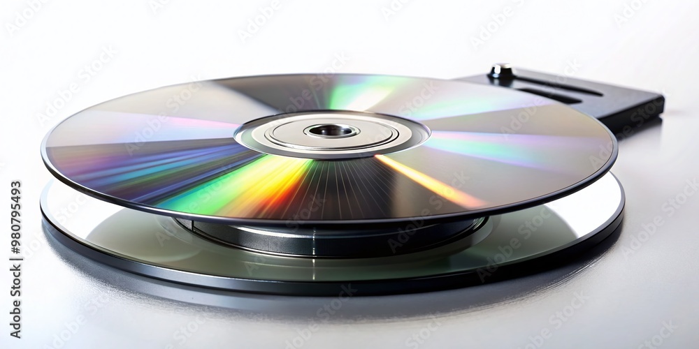 A shiny silver compact disc spins on a black player, its reflective surface capturing light, surrounded by a A shiny silver compact disc spins on a black player, its reflective surface capturing light, surrounded by a