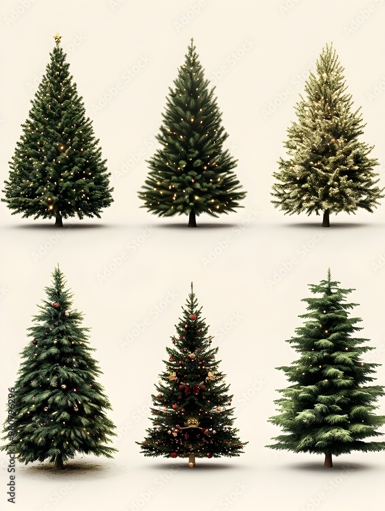 Obraz premium Assortment of Six Diverse Christmas Trees on Plain White Background