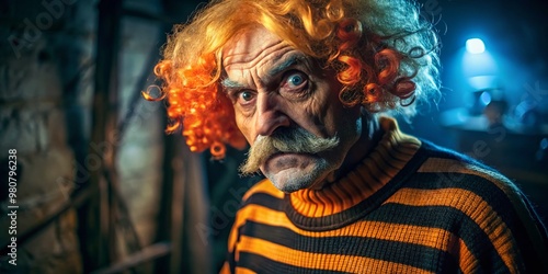 A sinister, older man in a worn, orange wig and fake mustache, wearing a faded orange and black