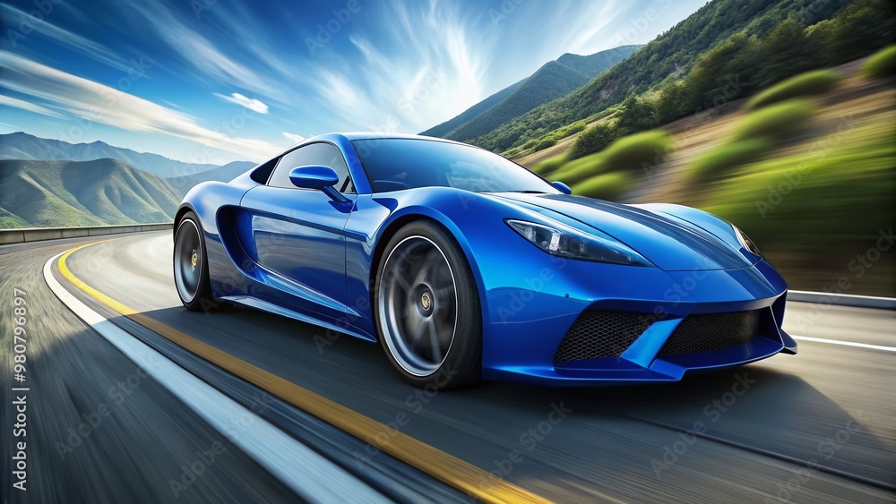 A sleek, cobalt-blue sports car accelerates down a winding asphalt road, its aggressive lines and angular design A sleek, cobalt-blue sports car accelerates down a winding asphalt road, its aggressive lines and angular design
