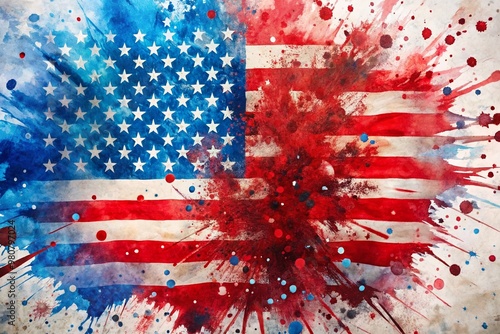 Vibrant splashes of red, white, and blue colors form a stunning abstract representation of the American flag, evoking modern patriotism and creative freedom. photo