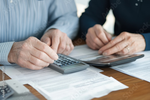 Calculating finances together, senior couple reviews documents and uses calculator. Their focused expressions reflect importance of planning for retirement