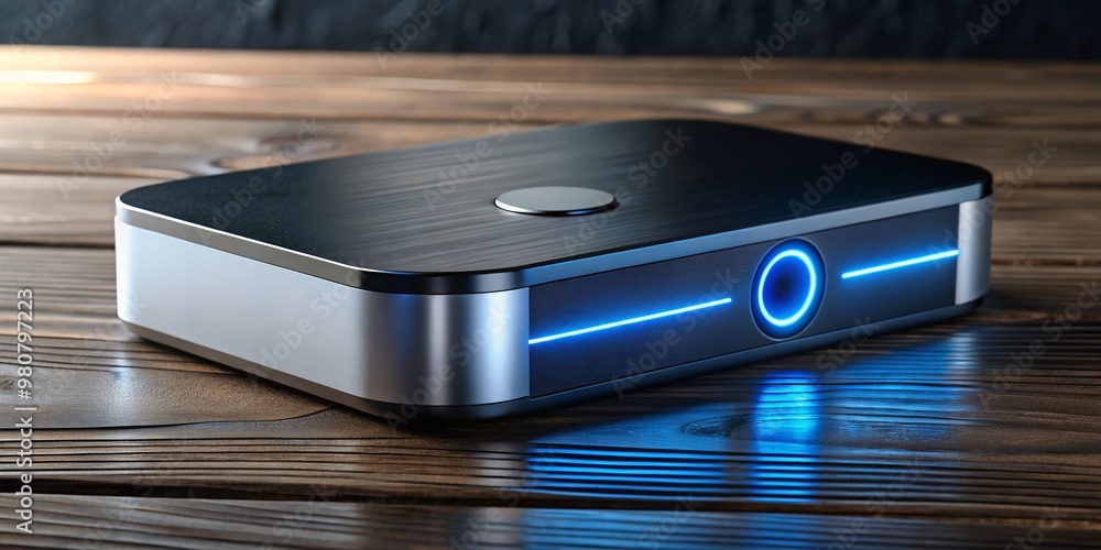 A sleek, modern, black, and silver music streaming device with glowing blue lights and buttons sits on a A sleek, modern, black, and silver music streaming device with glowing blue lights and buttons sits on a