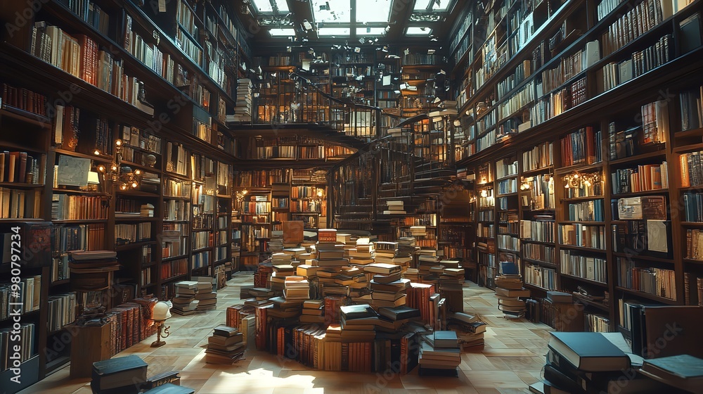 Obraz premium Eyecatching Old library or bookshop with many books on shelves