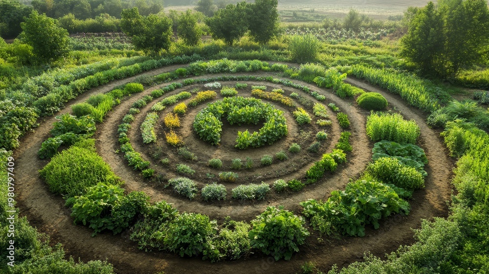 A circular arrangement of crops in a sustainable permaculture garden A circular arrangement of crops in a sustainable permaculture garden