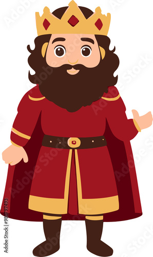 Cartoon King Illustration Wearing Royal Crown and Red Robe, Majestic Character Design for Childrens Stories