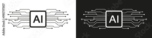 Artificial intelligence machine. Ai pictogram with neural lines. Digital technology assistant for generation. Vector illustration.