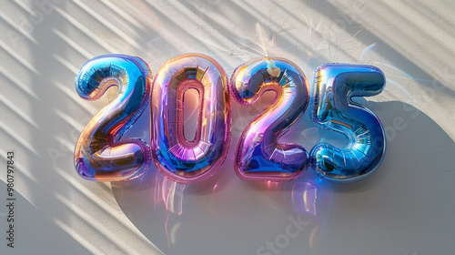 Number 2025 in holographic rainbow balloons