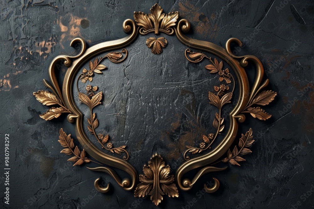 Golden ornate floral frame on black textured background Golden ornate floral frame on black textured background