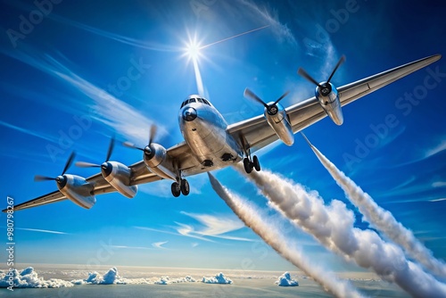 A sleek, silver, high-wing, turboprop-powered strategic bomber with contra-rotating propellers soars through a clear photo