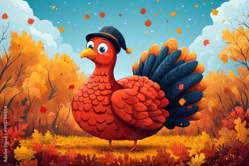 Fototapeta premium cartoonstyle thanksgiving turkey with comical expression vibrant autumn colors whimsical details like pilgrim hat or fall leaves playful holiday illustration