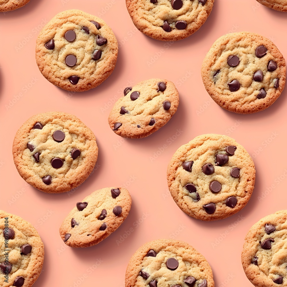 Mouthwatering Chocolate Chip Cookies on Pastel Coral Background in Seamless Mouthwatering Chocolate Chip Cookies on Pastel Coral Background in Seamless