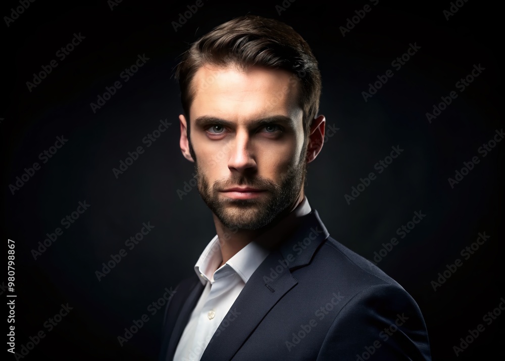 A sleek black background emphasizes a professional's serious and confident expression in a high-quality, A sleek black background emphasizes a professional's serious and confident expression in a high-quality,