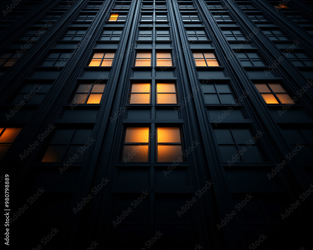 A black and white photo of a building with many windows. The windows are lit up with a yellow glow. Scene is serene and peaceful, as the warm light from the windows creates a calming atmosphere A black and white photo of a building with many windows. The windows are lit up with a yellow glow. Scene is serene and peaceful, as the warm light from the windows creates a calming atmosphere