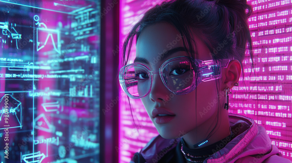 Futuristic artwork depicts a female fashion model crafted from computer code and technological shapes, highlighting avant-garde design with intricate and precise details. Futuristic artwork depicts a female fashion model crafted from computer code and technological shapes, highlighting avant-garde design with intricate and precise details.