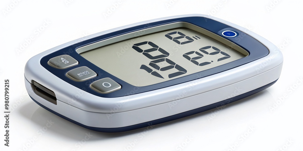 A sleek digital glucometer displays a normal blood sugar reading of 104 mg/dL on a clean white background, A sleek digital glucometer displays a normal blood sugar reading of 104 mg/dL on a clean white background,