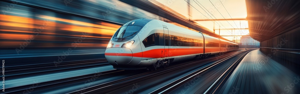 Fototapeta premium High-speed electric train moving through urban landscape