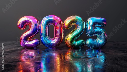 Number 2025 in holographic rainbow balloons