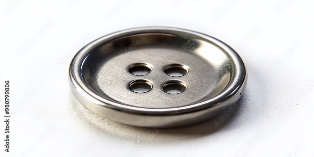 A small, shiny metal button with two holes in its center, isolated on a white background, surrounded by