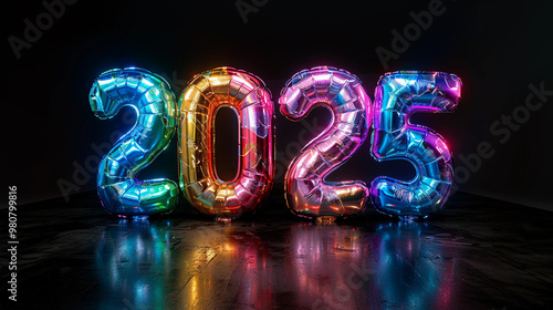 Number 2025 in holographic rainbow balloons