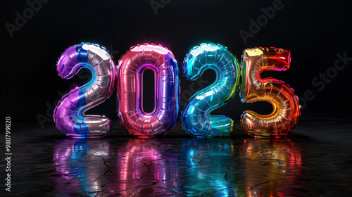 Number 2025 in holographic rainbow balloons