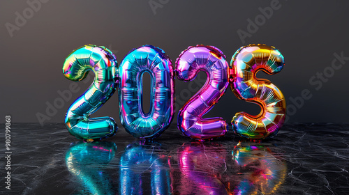 Number 2025 in holographic rainbow balloons