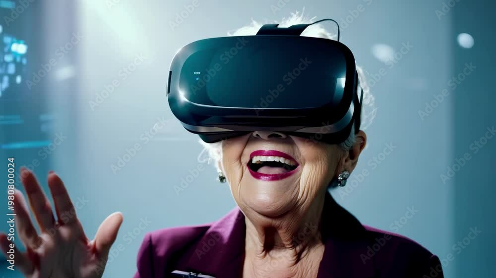 Elderly woman immersed in virtual reality experience with vr headset Elderly woman immersed in virtual reality experience with vr headset