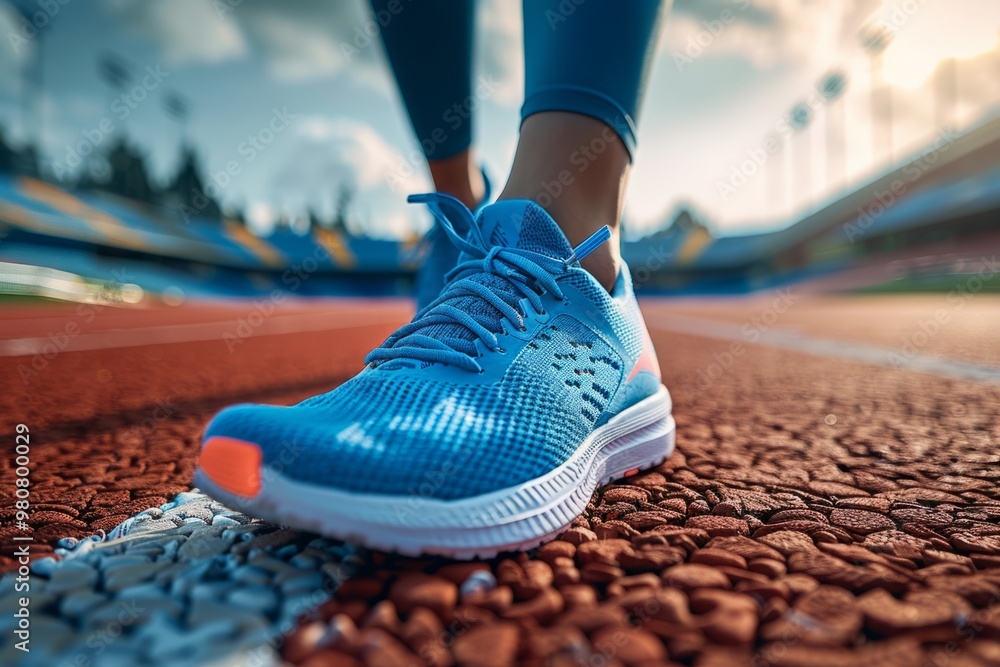 Female athlete running on track at sunset wearing sneakers Female athlete running on track at sunset wearing sneakers