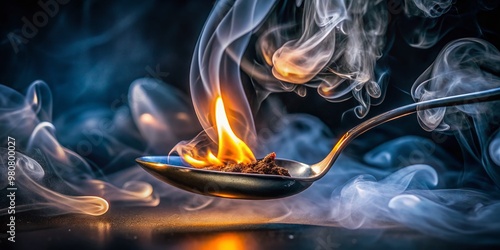 A small flame from a lighter ignites a cloudy smoke of vaporized substance on a shiny spoon, amidst photo