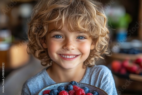 cheerful child enjoying breakfast colorful bowl of oatmeal topped with fresh berries natural light cozy kitchen setting healthy eating concept