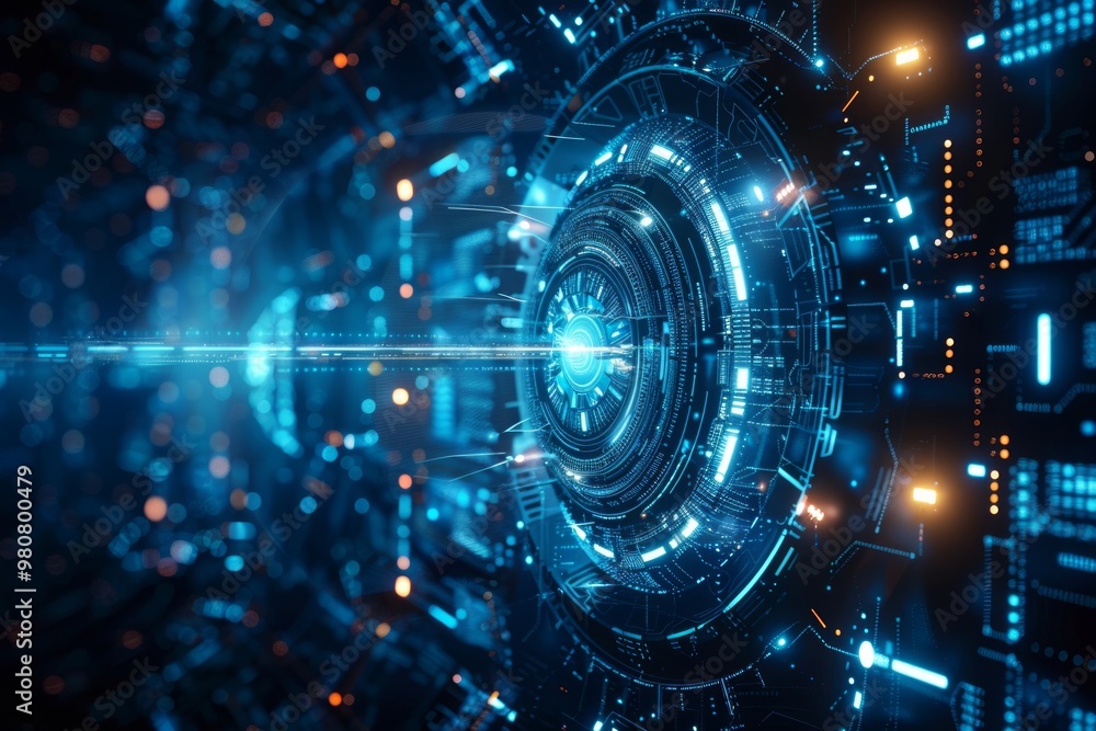 Fototapeta premium A futuristic digital tunnel of blue light and data streams illuminating the dark space with intricate patterns and glowing effects