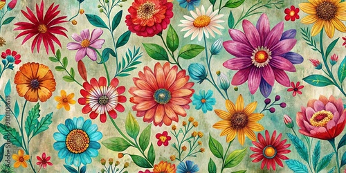 Whimsical hand-drawn flowers in vibrant acrylic hues bloom across a distressed, vintage-inspired background, forming a seamless pattern perfect for spring-themed print designs.