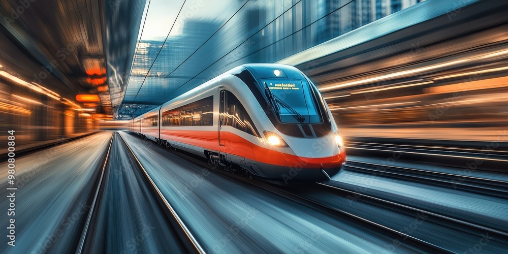 Fototapeta premium High-speed electric train moving through urban landscape