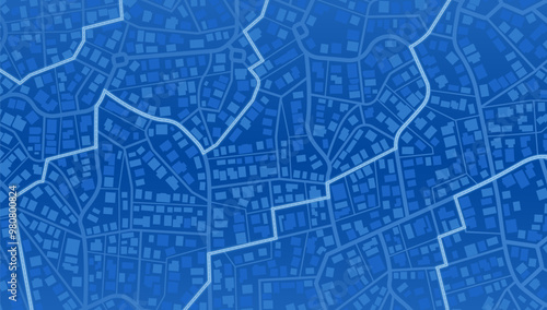 Abstract navigation plan of the urban area depicted as a simple scheme with buildings. Concept of planning and mapping a travel route using a general city map. Flat vector illustration