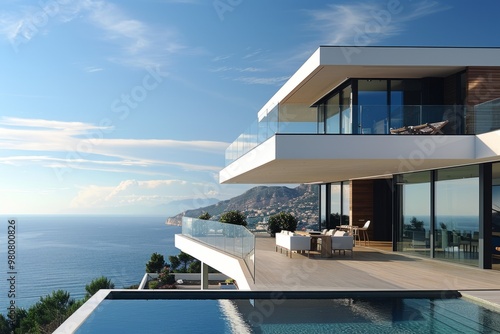Modern luxury villa overlooking the sea with infinity pool
