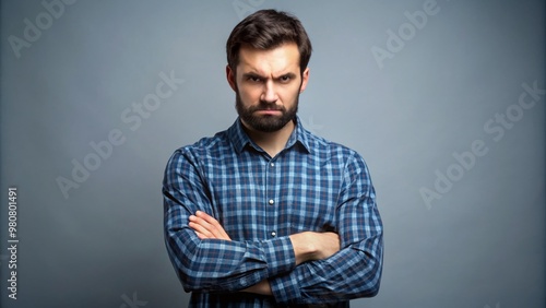 A solemn, concerned individual stands with arms crossed, conveying disappointment and disapproval, emphasizing the