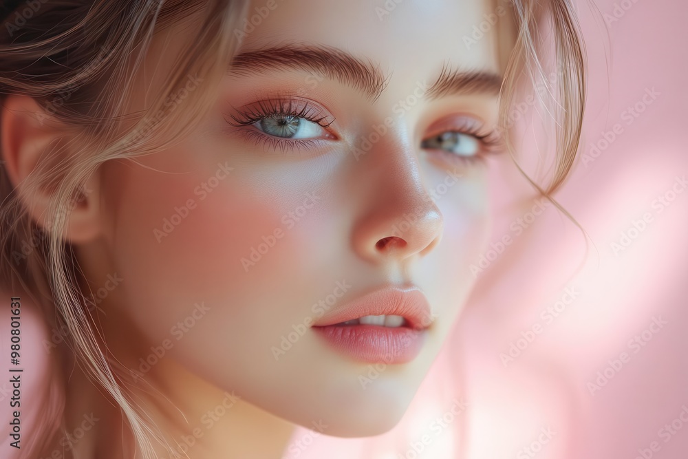 closeup beauty portrait of young woman with flawless skin soft pink background natural makeup serene expression fresh and luminous appearance closeup beauty portrait of young woman with flawless skin soft pink background natural makeup serene expression fresh and luminous appearance