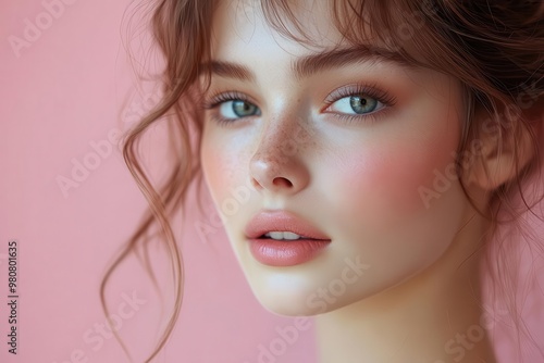 closeup beauty portrait of young woman with flawless skin soft pink background natural makeup serene expression fresh and luminous appearance