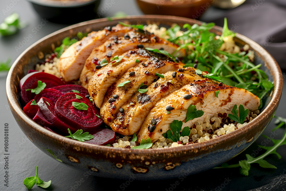 Quinoa salad with grilled chicken and colorful vegetables for fitness blogs, health food advertising, or menu designs. Savory chicken quinoa bowl for promoting balanced meals, wellness campaigns Quinoa salad with grilled chicken and colorful vegetables for fitness blogs, health food advertising, or menu designs. Savory chicken quinoa bowl for promoting balanced meals, wellness campaigns