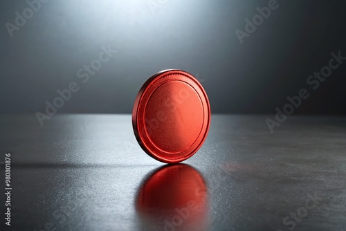 A solitary, shiny red chip coin stands upright on a minimalist grey background, its metallic sheen and bold photo