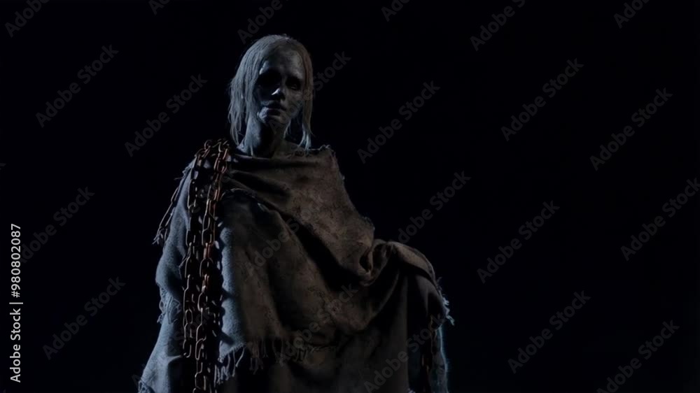 Creepy ghost made of a dirty blanket and chains on dark background Creepy ghost made of a dirty blanket and chains on dark background