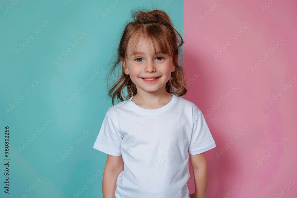 Smiling Child in White T-Shirt on Vibrant Color Background Smiling Child in White T-Shirt on Vibrant Color Background